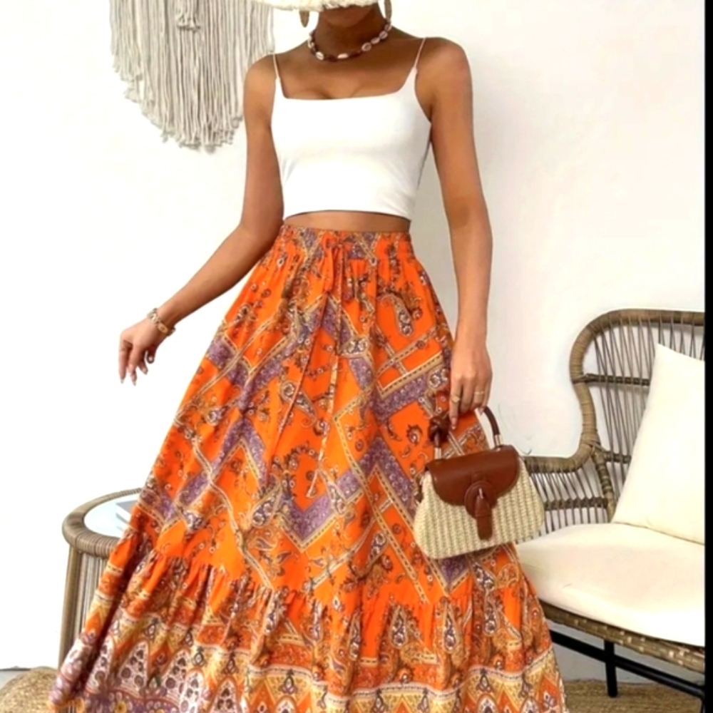 Maxi Skirt Orange Paisley Bohemian Style Fall Colors Skirts Outfit - Picture 7 of 8